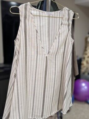 Fibreto Sleeveless Striped V-Neck Blouse - Cream & Black
